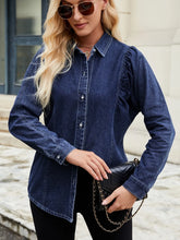 Button Down Collared Neck Denim Shirt OutfitFlow